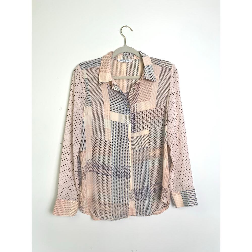 Rose + Olive Geometric Lightweight Patchwork Button-Up Blouse, Women's Size Med